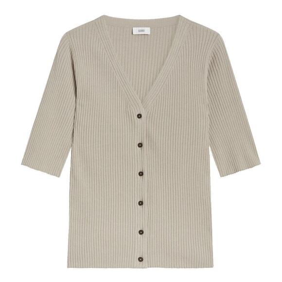 Closed Stone Gray Ribbed Knit V-Neck Front Button Short Sleeve Cardigan Top XXS - Picture 2 of 13